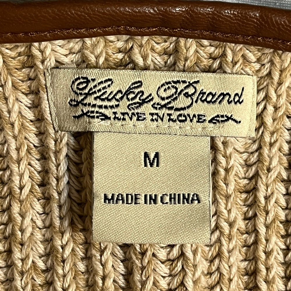 NWOT Lucky Brand Open Faux Leather Edged Sweater, Browns |M - Picture 13 of 15